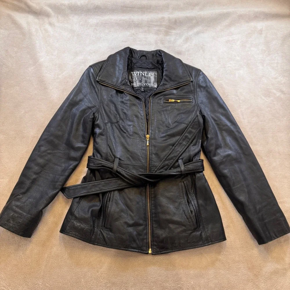 Black Faux Leather Zip Belted Jacket - Women